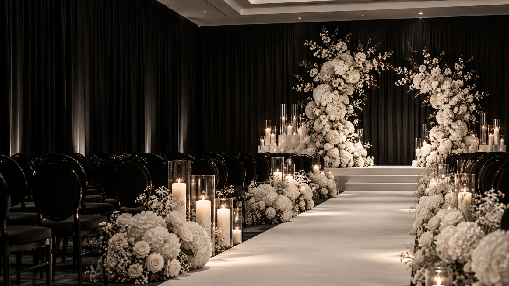 Wedding inspiration: black draping, an ivory aisle, white florals and candlelight