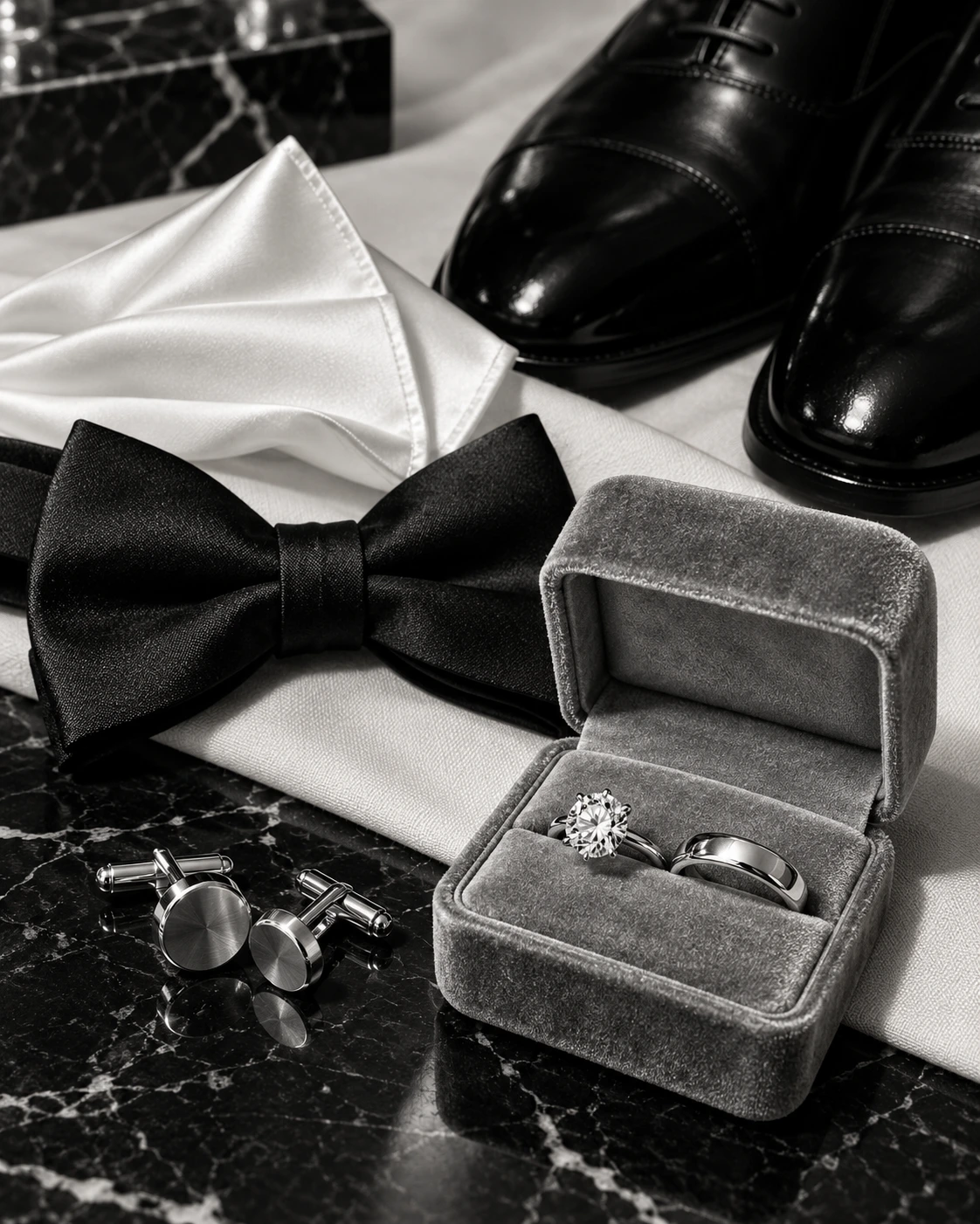 Silver cufflinks, black formal shoes and two wedding rings