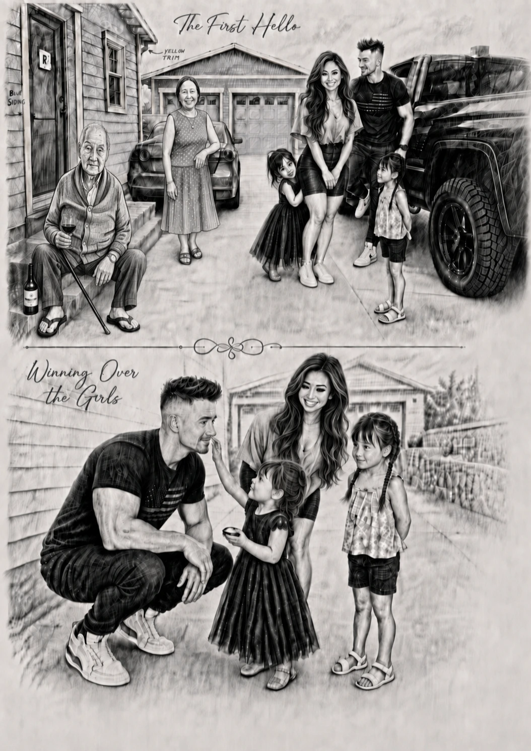 Original family illustration: meeting Mainhia’s parents and winning over Cece and Tori